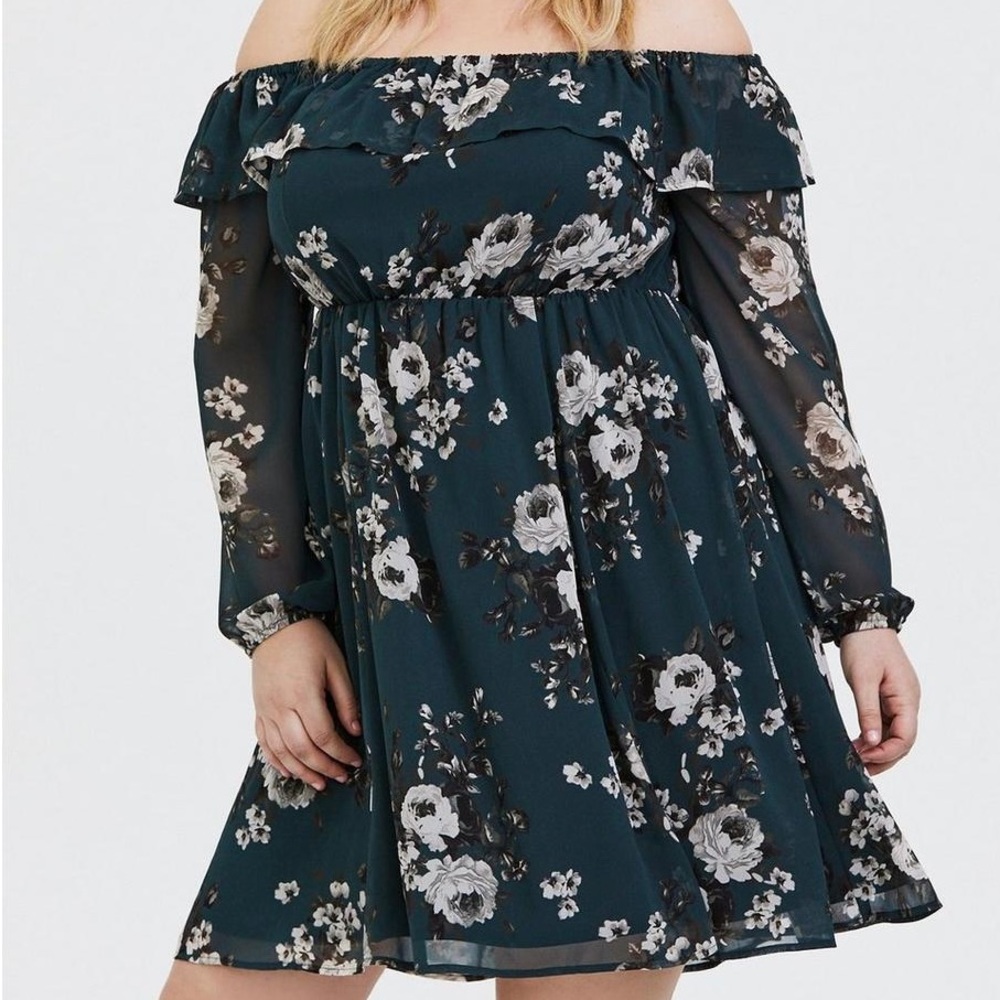 Torrid floral, off shoulder skater dress. Green. Size 3. Chiffon.